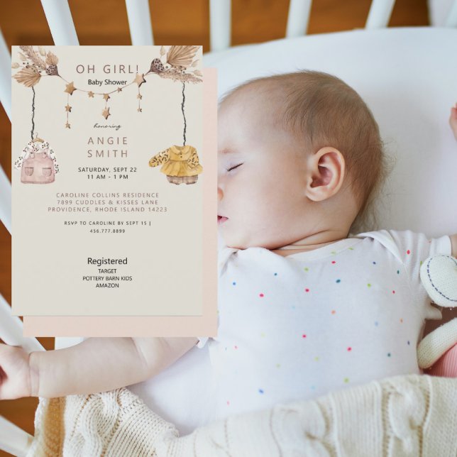 Boho Light Rose Oh Girl Clothes Baby Shower Invitation (Creator Uploaded)