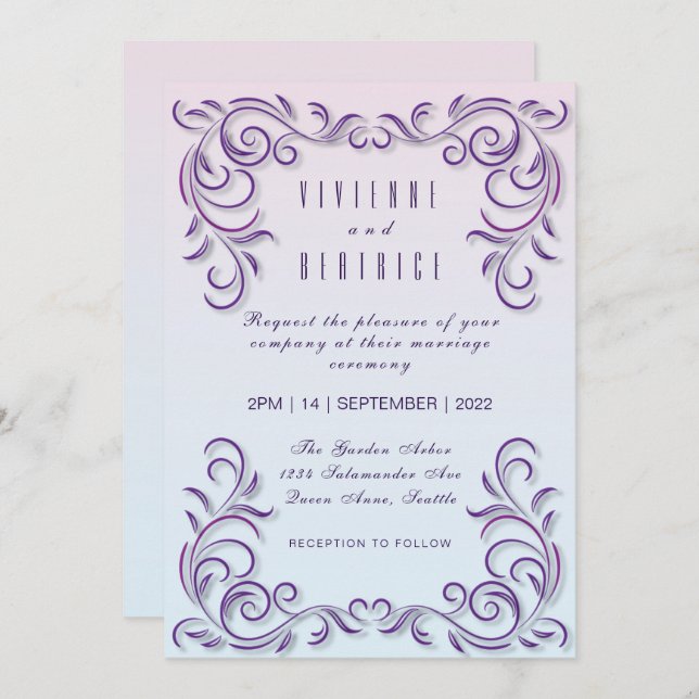 Boho lilac decorative lesbian wedding invitation (Front/Back)