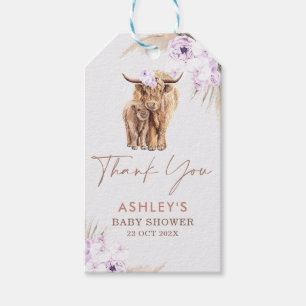 Boho Lilac Floral Arch Highland Cow Baby Shower Gift Tags