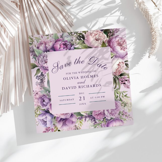 Boho Lilac Floral Wedding Save the Date (Boho Lilac Floral Wedding Save the Date on a sunny table with a dry palm leaf.)