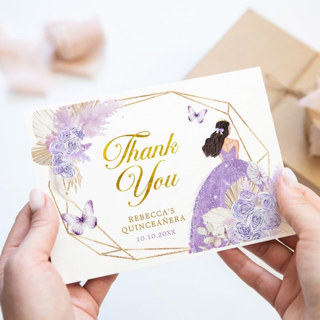 Boho Lilac Geometric Butterfly Quinceañera Floral Thank You Card (Creator Uploaded)