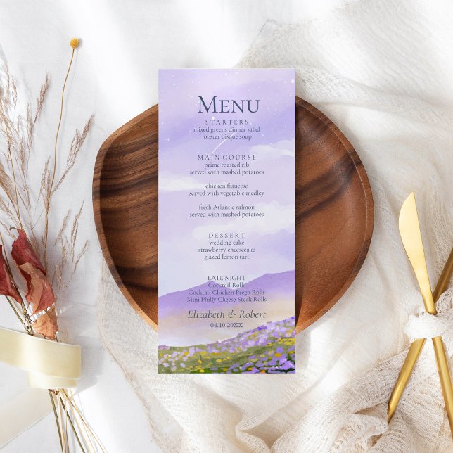 Boho Lilac Night Mountain Landscape Wedding Menu (Boho Lilac Night Mountain Landscape Wedding Menu on a boho wedding table.)