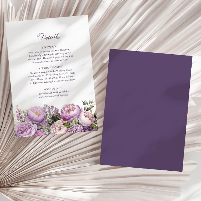 Boho Lilac Peonies Wedding Details Card (Boho Lilac Peonies Wedding Details Card on a boho neutral dry palm leaf.)
