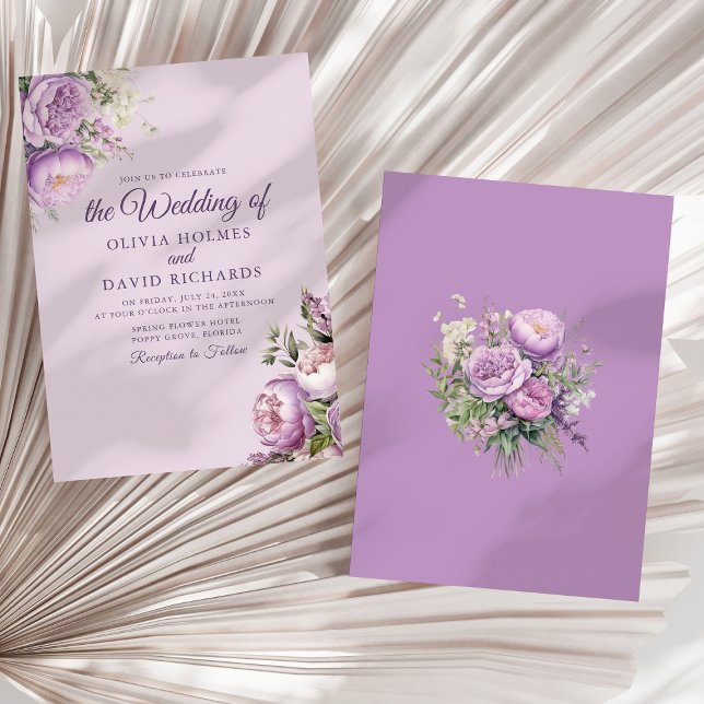 Boho Lilac Peonies Wedding Invitation (Boho Lilac Peonies Wedding Invitation on a neutral dry palm leaf.)