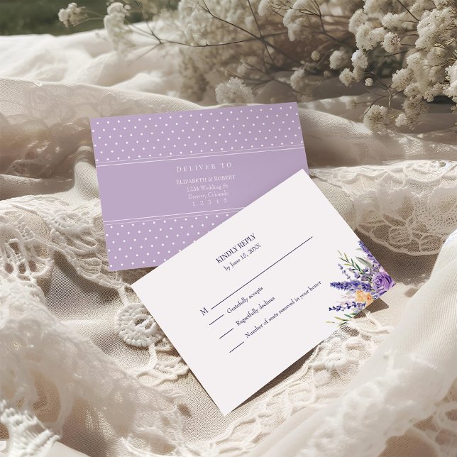 Boho Lilac Watercolor Wildflower Wedding RSVP Card (Boho Lilac Watercolor Wildflower Wedding RSVP Card on a boho wedding table.)