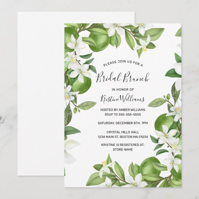Boho Limes Watercolor White Floral Bridal Brunch Invitation (Front/Back)