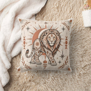 Boho Lion Celestial Sun Moon Ornate Animal Art Cushion