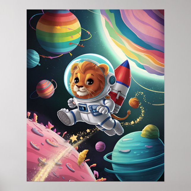 Boho Lion Illustration in Space Poster (Front)