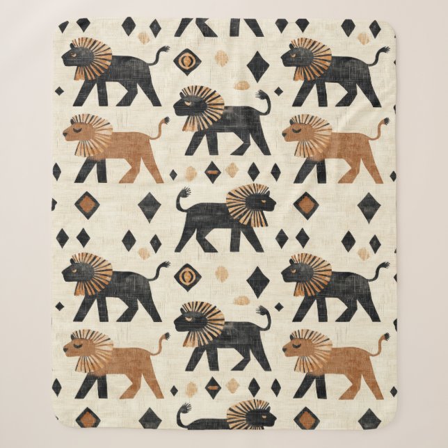 Boho Lion Tribal Safari Pattern Sherpa Blanket (Front)