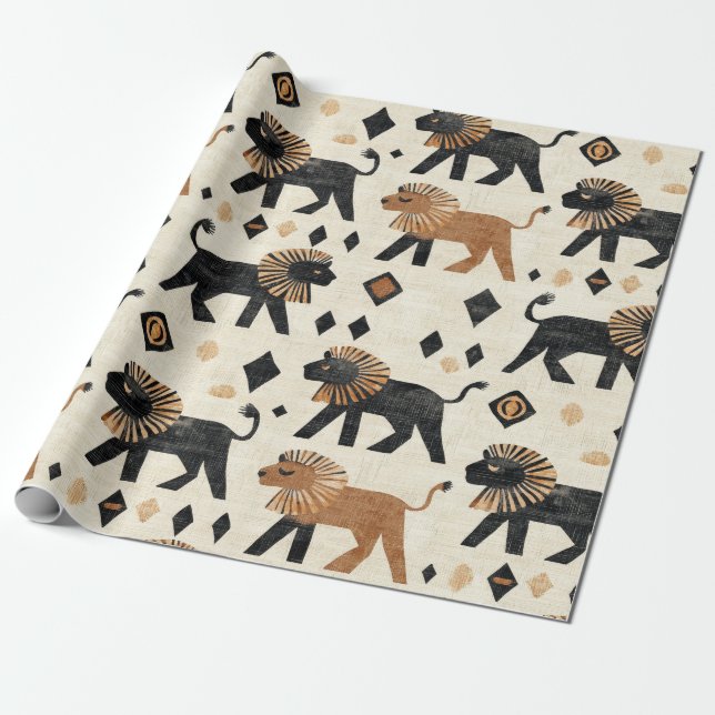 Boho Lion Tribal Safari Pattern Wrapping Paper (Unrolled)