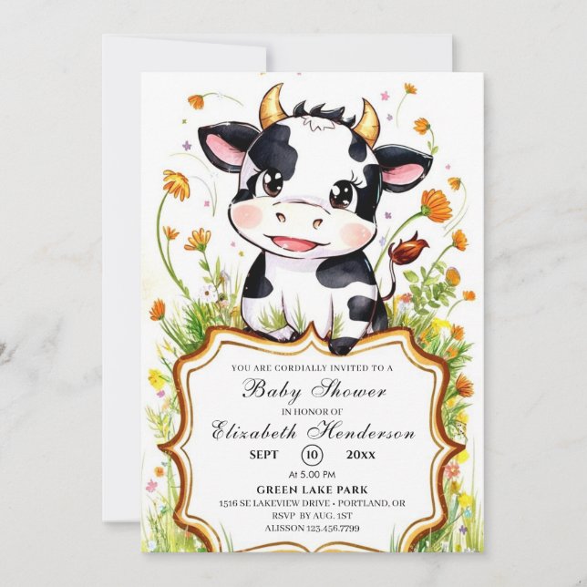 Boho Little Colourful Cow Baby Shower Invitation (Front)