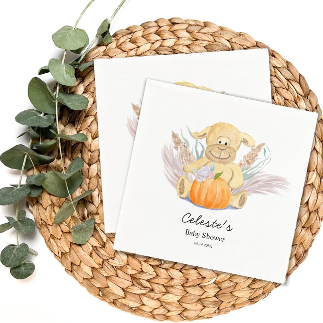Boho Little Lamb Pumpkin Watercolor Baby Shower Napkin (Adorable Boho Lamb Autumn Pumpkin napkins to add to your party!)