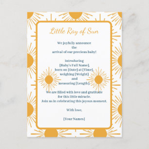 Boho Little Ray of Sun Birth Announcement Postcard