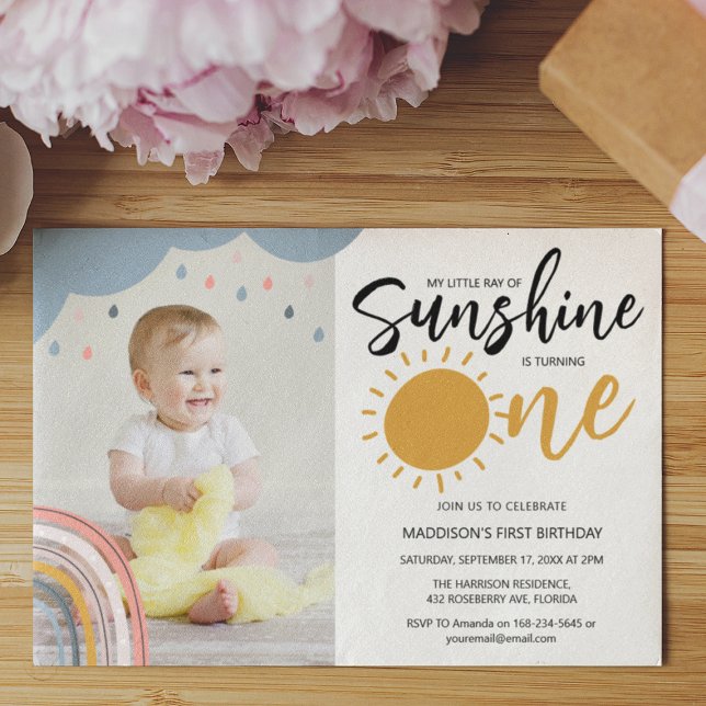 Boho Little Ray Of Sunshine First Birthday Photo Invitation (Creator Uploaded)