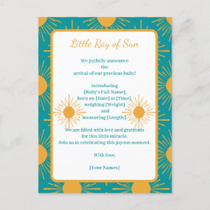 Boho Little Ray Sun Turquoise Birth Announcement