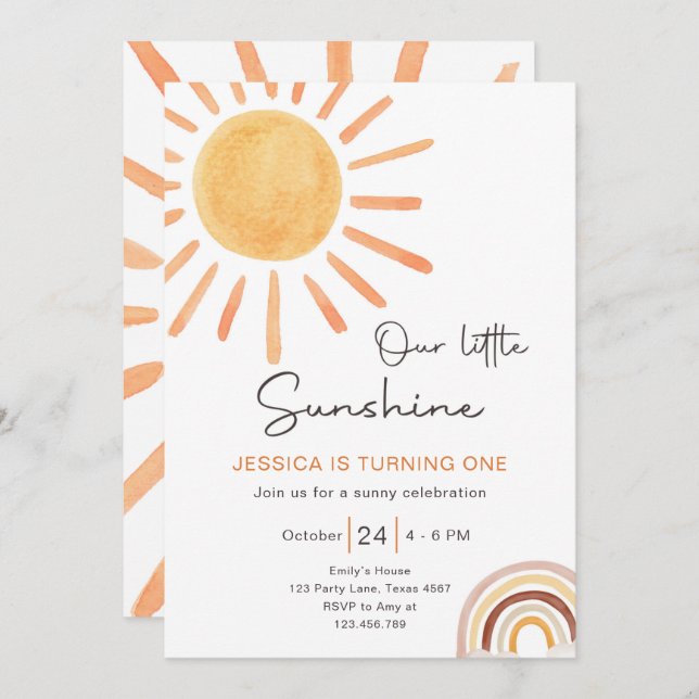 Boho Little Sunshine 1st Birthday Invitation Sun (Front/Back)