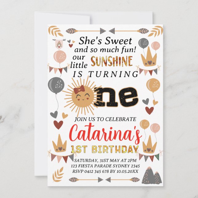 Boho Little Sunshine, 1st Birthday Sun Baby Girl Invitation (Front)