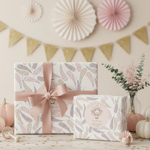 Boho Little Turkey & Feathers Baby Girl Shower Wrapping Paper