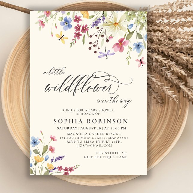 Boho Little Wildflower Script Beige Baby Shower Invitation (Creator Uploaded)