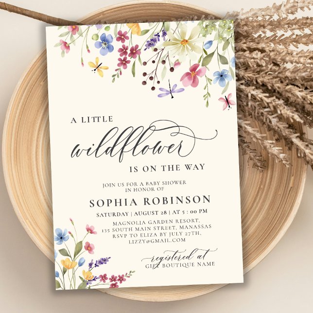 Boho Little Wildflower Script Beige Baby Shower Invitation (Creator Uploaded)