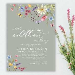 Boho Little Wildflower Script Green Baby Shower Invitation