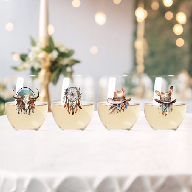 Boho Long Live Cowgirls Stemless Wine Glasses (4) (Insitu (Wedding))