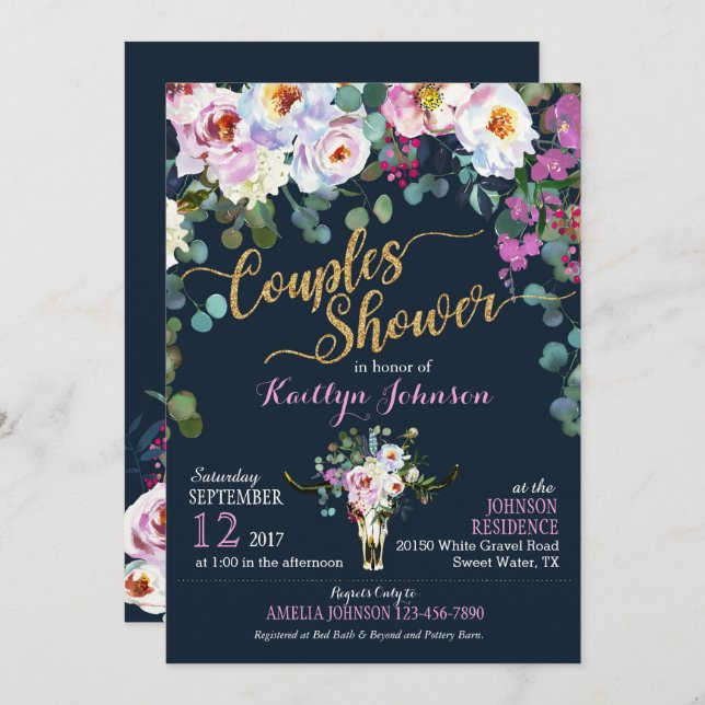 Boho Longhorn Cow Skull Floral Bridal Shower Invitation (Front/Back)