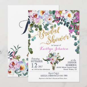 Boho Longhorn Cow Skull Floral Bridal Shower Invitation