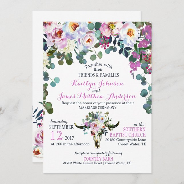 Boho Longhorn Cow Skull Floral Wedding Invitation (Front/Back)