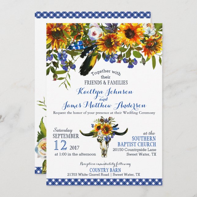 Boho Longhorn Cow Skull Floral Wedding Invitation (Front/Back)