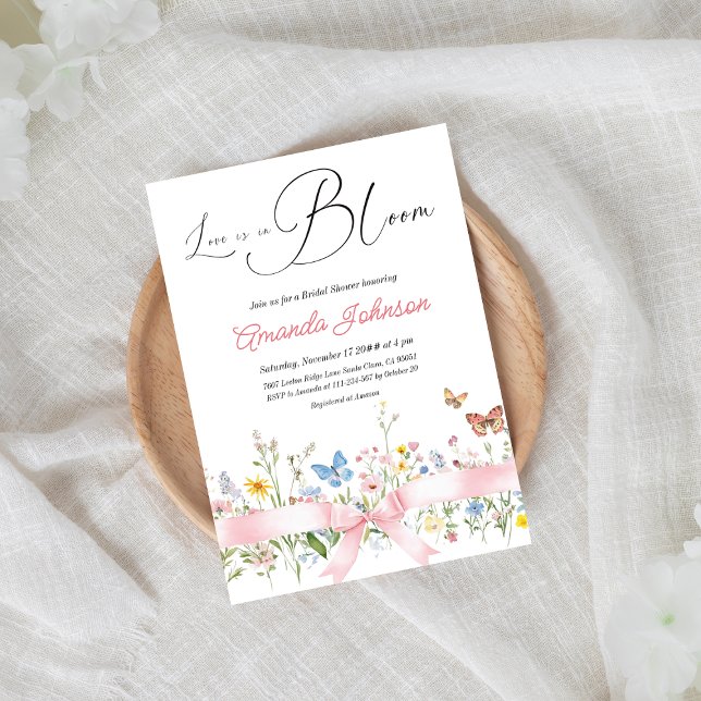Boho Love in Bloom Pink Bow Floral Bridal Shower Invitation (Creator Uploaded)