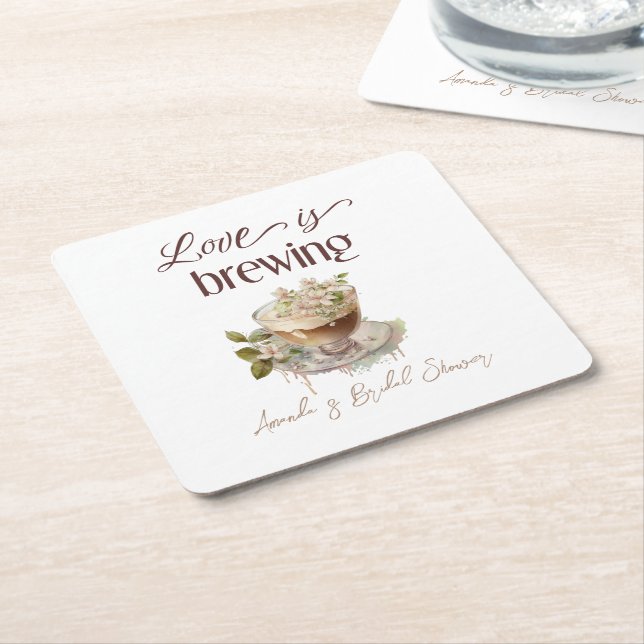 Boho Love is Brewing Floral Bridal Shower Brunch Square Paper Coaster (Angled)