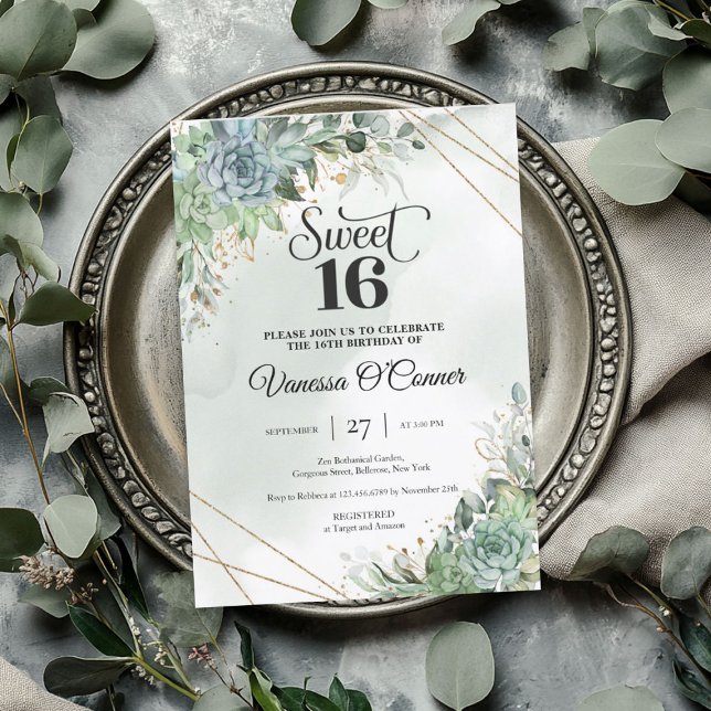 Boho lush succulents flowers eucalyptus gold frame invitation (Boho lush succulents flowers eucalyptus gold frame invitation)