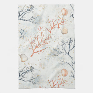 Boho Luxe Watercolor Coastal Coral Pattern (2) Tea Towel