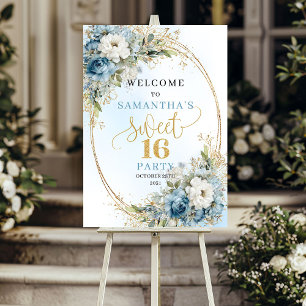 Boho Luxury Light Blue Floral Gold Sweet 16 Sign