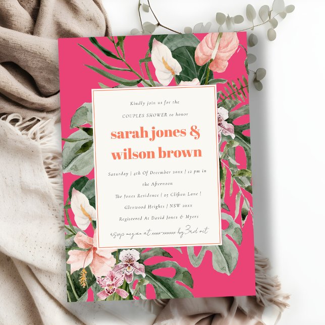 Boho Magenta Blush Tropical Floral Couples Shower Invitation (Creator Uploaded)