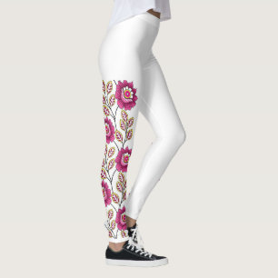Boho Magenta Flower Vine Border Classic White Leggings