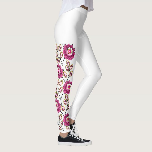 Boho Magenta Flower Vine Border Classic White Leggings (Right)
