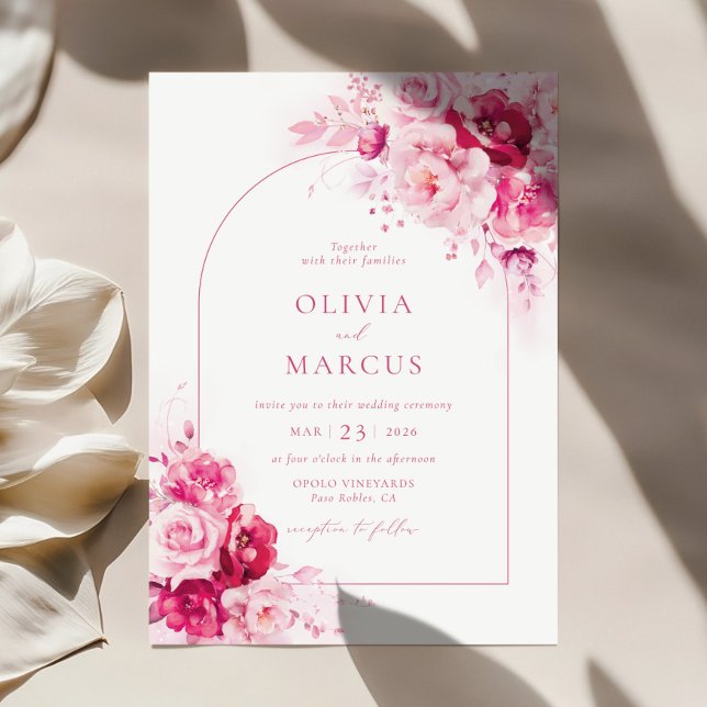Boho Magenta Hot Pink Arch Floral Elegant Wedding Invitation (Creator Uploaded)