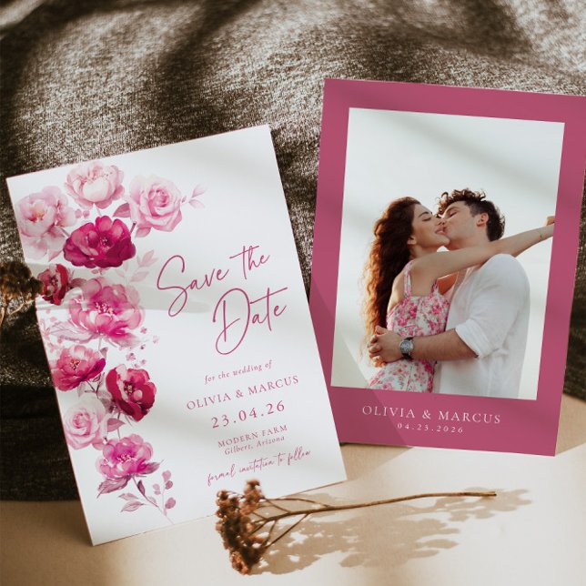Boho Magenta Hot Pink Rose Floral Wedding Photo Save The Date (Front/Back)