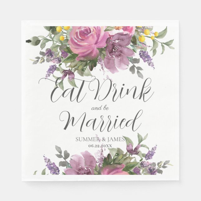 Boho Magenta Pink Purple Floral Wedding Eat Drink  Napkin (Front)