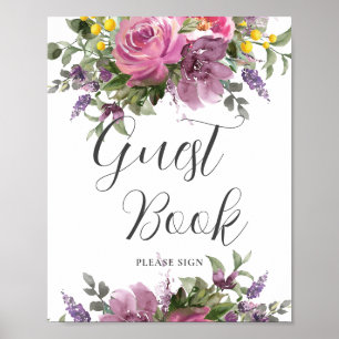 Boho Magenta Pink Purple Floral Wedding Guest Book