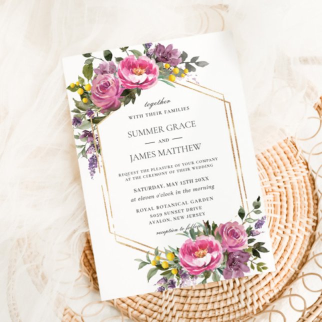 Boho Magenta Pink Purple Yellow Geometric Wedding  Invitation (Creator Uploaded)