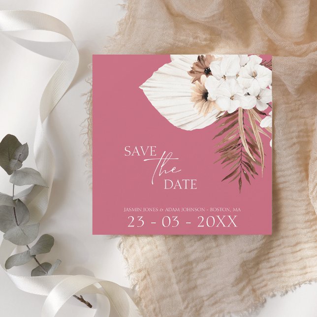 Boho Magenta Pink White Pampas Grass Wedding Save The Date (Creator Uploaded)