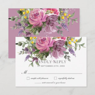 Boho Magenta Purple Pink Mauve Floral Wedding RSVP Card