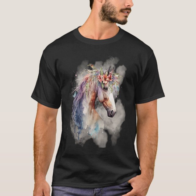Boho Magical Horse with Flowers Lavender Pink T-Shirt (Front)