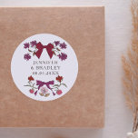 Boho Magneta Ribbons Floral Wedding Favour  Classic Round Sticker<br><div class="desc">Boho and rustic wedding favour sticker featuring hand drawn illustration of bows and flowers in magenta colours.</div>