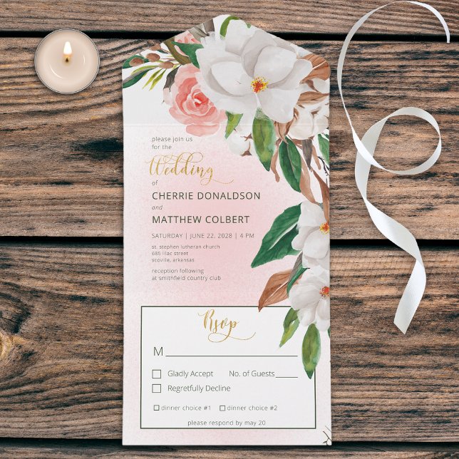 Boho Magnolia Floral & Cotton Pink Dinner All In One Invitation (Creator Uploaded)