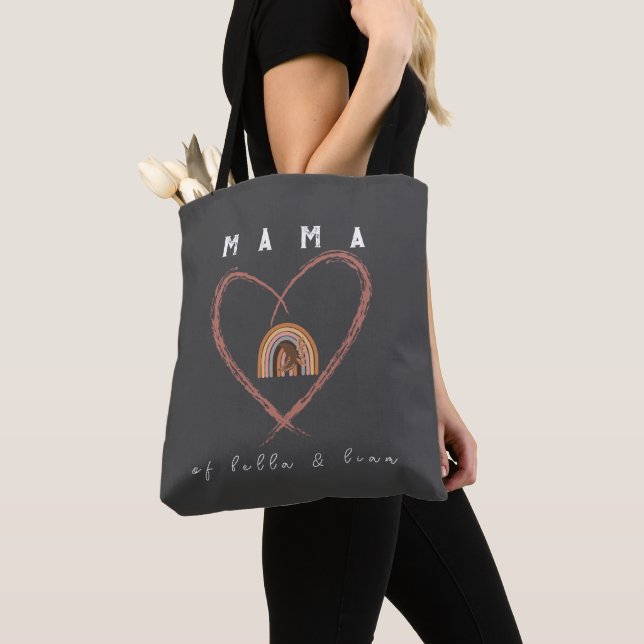 Boho Mama Text w/ Moon Feathers and Kid Names Tote Bag (Close Up)