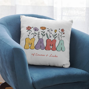 Boho Mama Text with Flowers and Kid Names Cushion